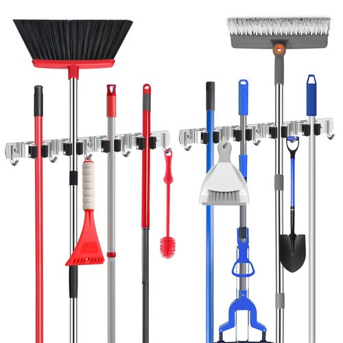 2 Pack Broom Holder Wall Mount Mop Hanger, Stainless Steel 4 Racks 5 Hooks Self Adhesive Heavy Duty Tool Organizer for Garage Kitchen Garden Laundry Room Home (Silver）
