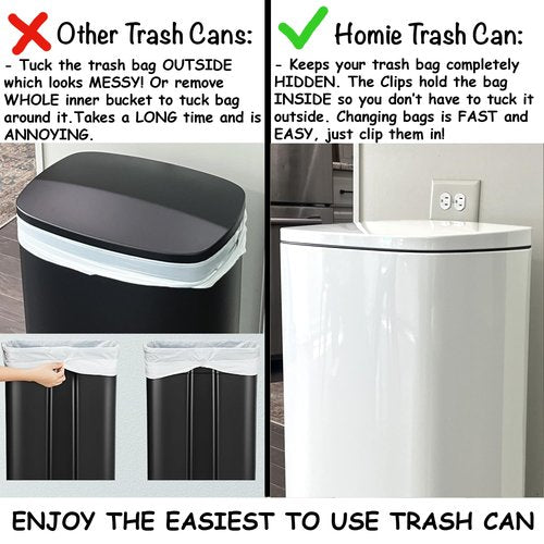 Homie 13 Gallon Kitchen Trash Can - Soft Close Lid & Anti-Bag Slip Liner | Versatile Garbage Basket in Shiny White