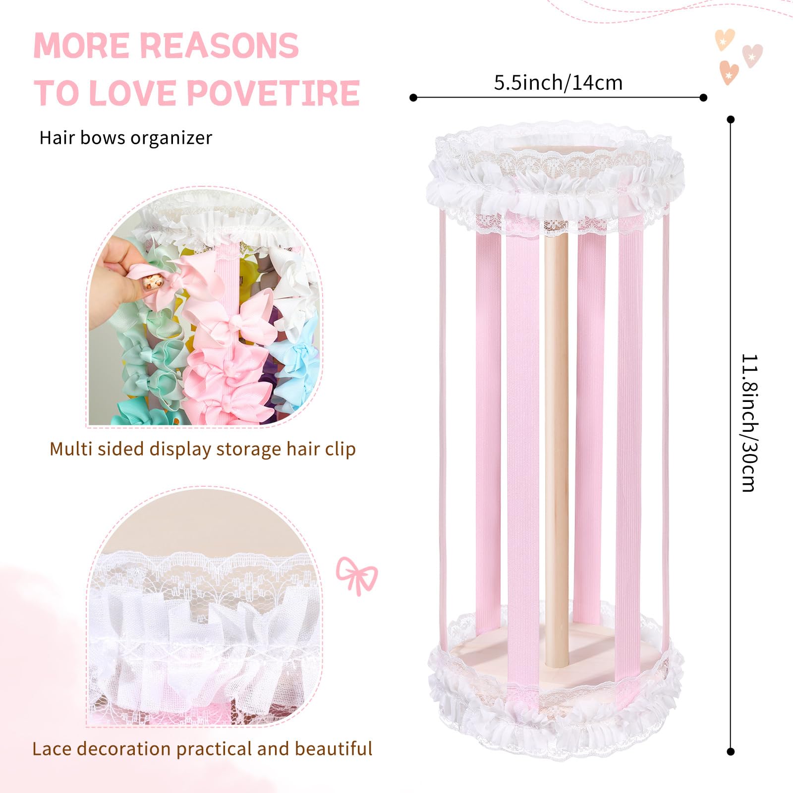 POVETIRE Bow Holder for Girls Hair Bows,Pink Hair Bow Organizer, Hair Clips Stand Hair Accessories Rack Display Decors Baby Nursery Toddler Girls Room-Pink-White
