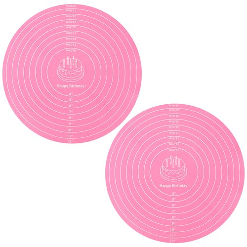 2Pcs Silicone Cake Mat,12 Inch Pink Round Baking Mat with Measurements Reusable Turntable Pastry Mats for Rolling Out Dough Cake Pizza and Cookies