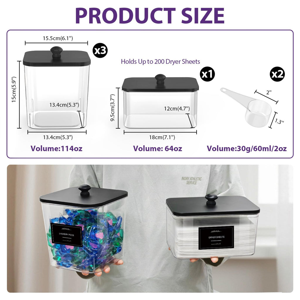 COAZEX 3+1 Pack Clear Laundry Pods Container & Dryer Sheet Holder, Plastic Square Laundry Room Organization and Storage Jars with Black Lids, Scoops & Labels for Detergent, Powder, Dryer Balls
