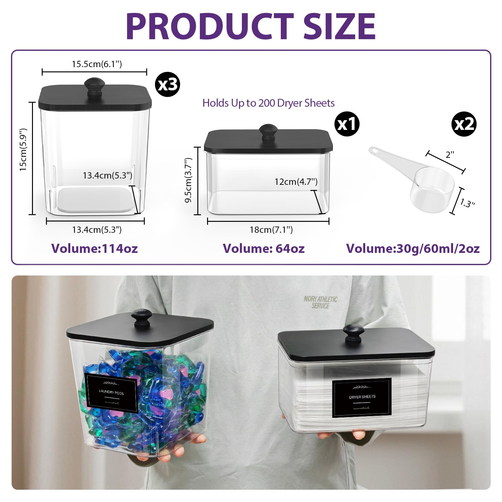 COAZEX 3+1 Pack Clear Laundry Pods Container & Dryer Sheet Holder, Plastic Square Laundry Room Organization and Storage Jars with Black Lids, Scoops & Labels for Detergent, Powder, Dryer Balls