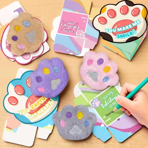 24 PCS Kids Valentines Day Cards with Stuffed Cat Paws Toys, Valentines Day Gifts for Kids Classroom, Animal Plush Toy for School Valentines Gifts Exchange, Valentine Party Favors Supply for Boys Girls
