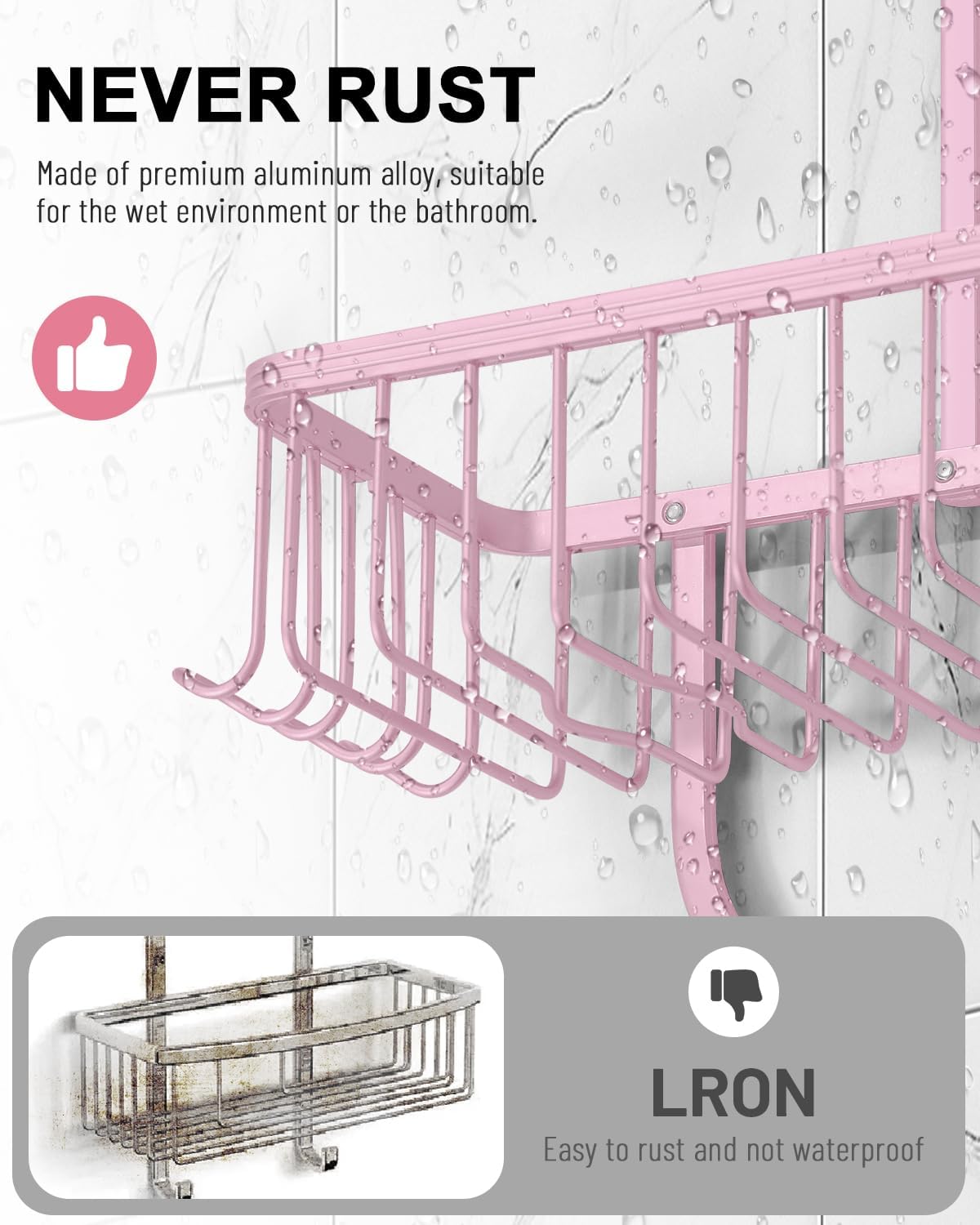 Skiennix Pink Shower Caddy - Rustproof Hanging Organizer with Soap Basket & Hooks | Large 3-Tier Design