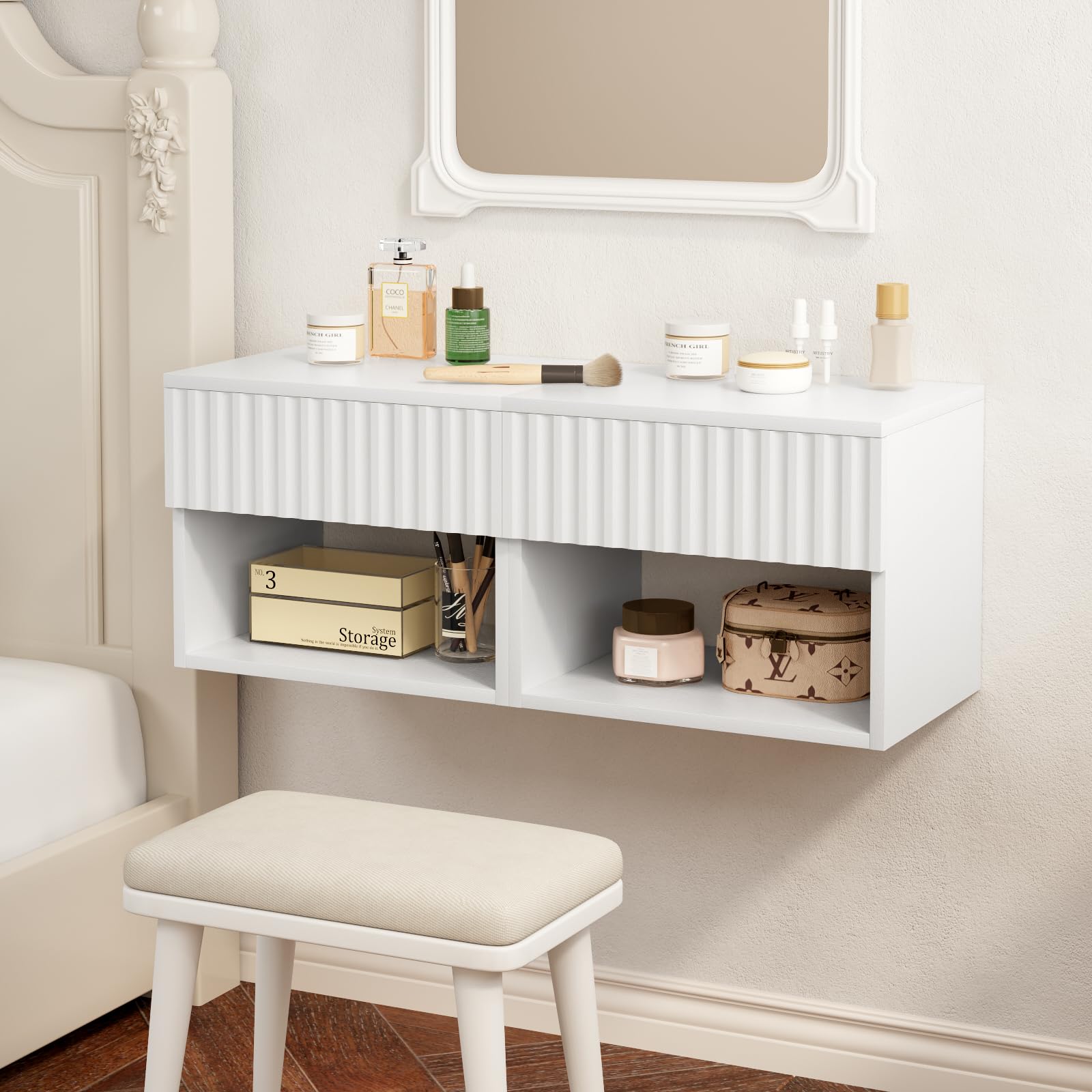 AURINEST Floating Nightstand Set of 2, Modern Wall Mounted Bedside Tables with Fluted Drawer, Night Stand Small End Table with Open Storage Shelf for Bedroom, Living Room, Small Spaces, White