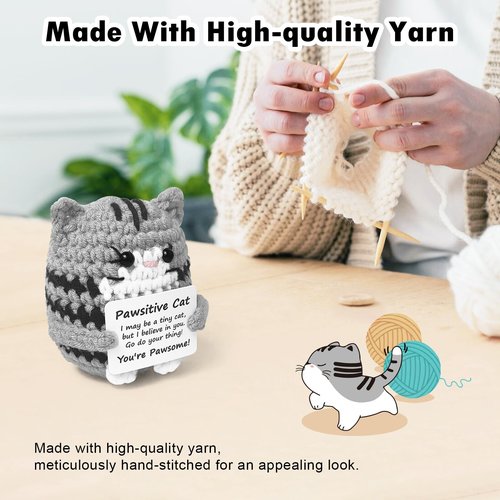 RYOTKIK Positive Crochet Cat Mini Animal Emotional Cheer Up Support Gifts, Funny Crochet Mini Handmade Cat for Women Men Friends Mom Daughter Son Teen Birthday Mothers Day Decor Graduation Gifts