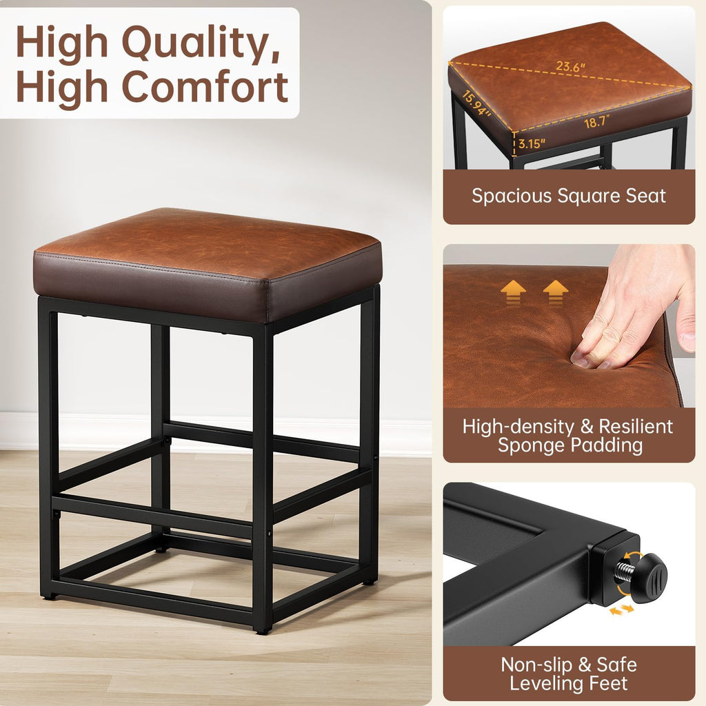 Raynesys Counter Height Bar Stools Set of 2, 24" Barstools for Kitchen Countertop, Faux Leather Counter Stools with Thick Square Seats & Sturdy Metal Base, Simple Assembly, Brown