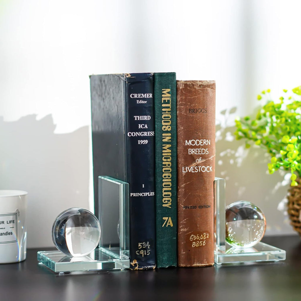 Skiennix Crystal Bookends - L-Shape Non-Skid Heavy-Duty Book Holders | Clear 4-Inch Decorative Ornaments