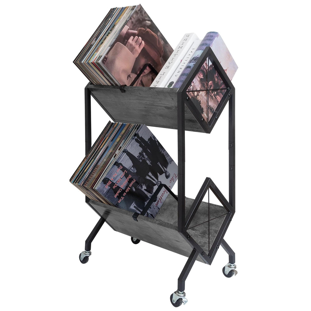 SwaaVee Vinyl Record Storage Holder with Wheels, 2-Tier Record Holder 160-200 LP with Dividers, Retro Style Quick Assembly Vinyl Record Display for Albums, Magazine, Book, Files(2 Tier- Gray)