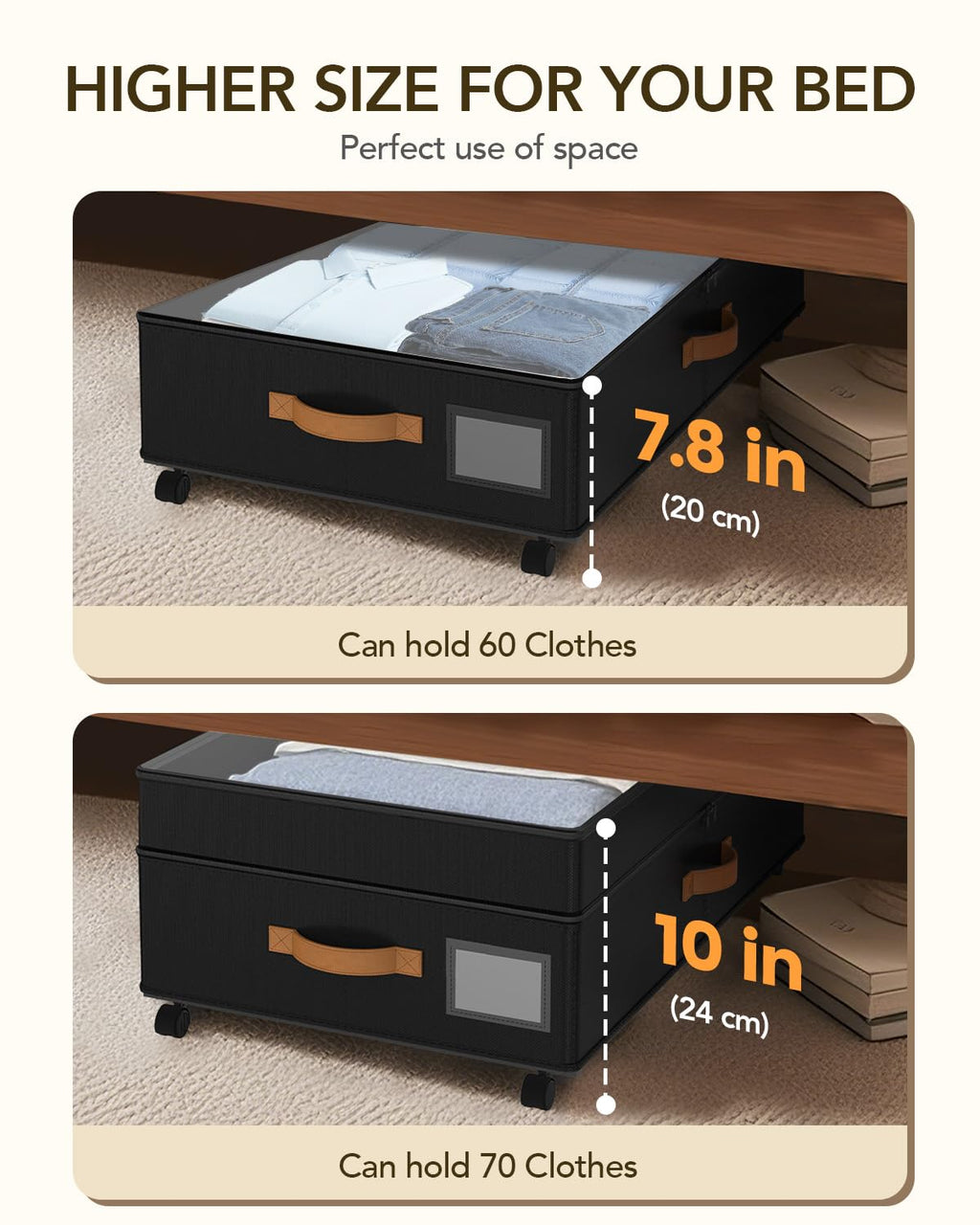 Megapuxin Under Bed Storage with Wheels, 10 inches Under Bed Storage Containers, 65L XXL Large Adjustable Underbed with Lids, Rolling Underbed Storage bins for Shoes, Clothes, Blankets, Black