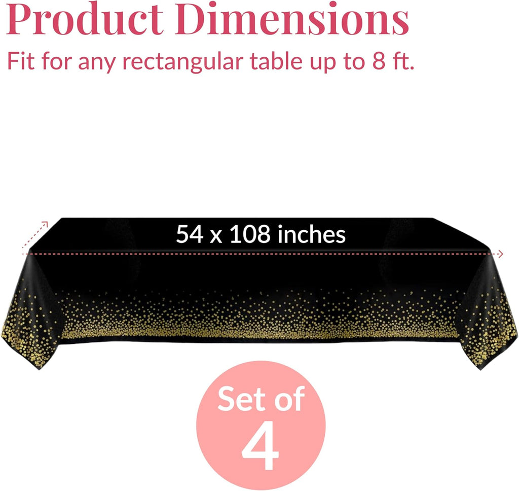 Prestee Gold & Black Rectangle Table Covers | 4 Pack Disposable Plastic Tablecloths - 54 x 108 Inches for Parties & Events