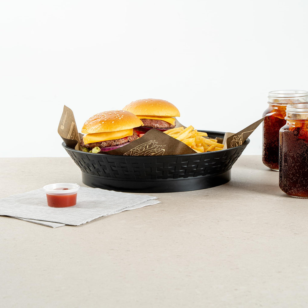 Restaurantware Round Serving Baskets 10 Pack of 12.01 x 2.36 Inch with Base Drainage Slots Microwavable Dishwashable Stackable Plastic Black Food Serving Trays for Restaurants and Catering