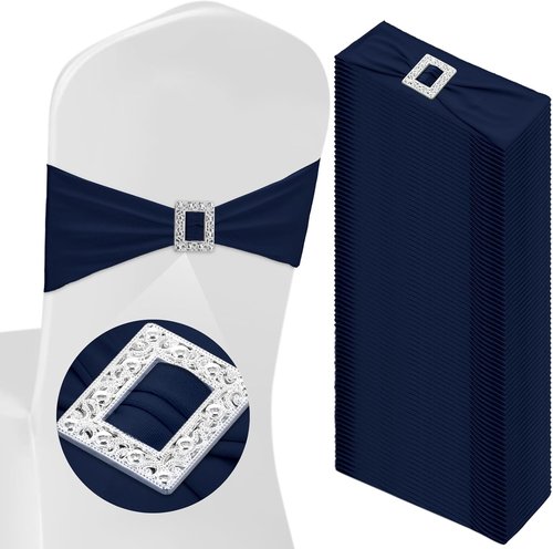 CHENGU Spandex Chair Sashes - 50 Pcs with Square Buckle Slider for Wedding & Party Decor | Navy Blue