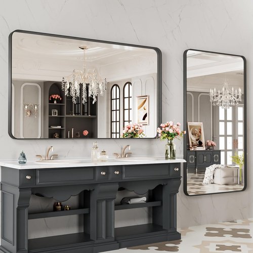 LOAAO Black Metal Framed Bathroom Mirror - 48x28 Inch Matte Black Vanity Mirror | Anti-Rust, Tempered Glass, Versatile Hanging Options