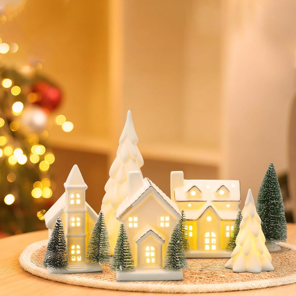 Regine Switzerland 12-Pc Ceramic Christmas Village Set - White Houses, LED Trees & Reindeer Decor
