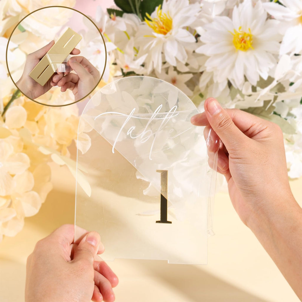 iFaveorr Arch Wedding Table Numbers 1-10 with Stands, Elegant Gold Number 5.5 x 7” Arch Acrylic Signs with Holders, Clear Acrylic Table Numbers for Wedding Reception, Anniversary, Party, Events