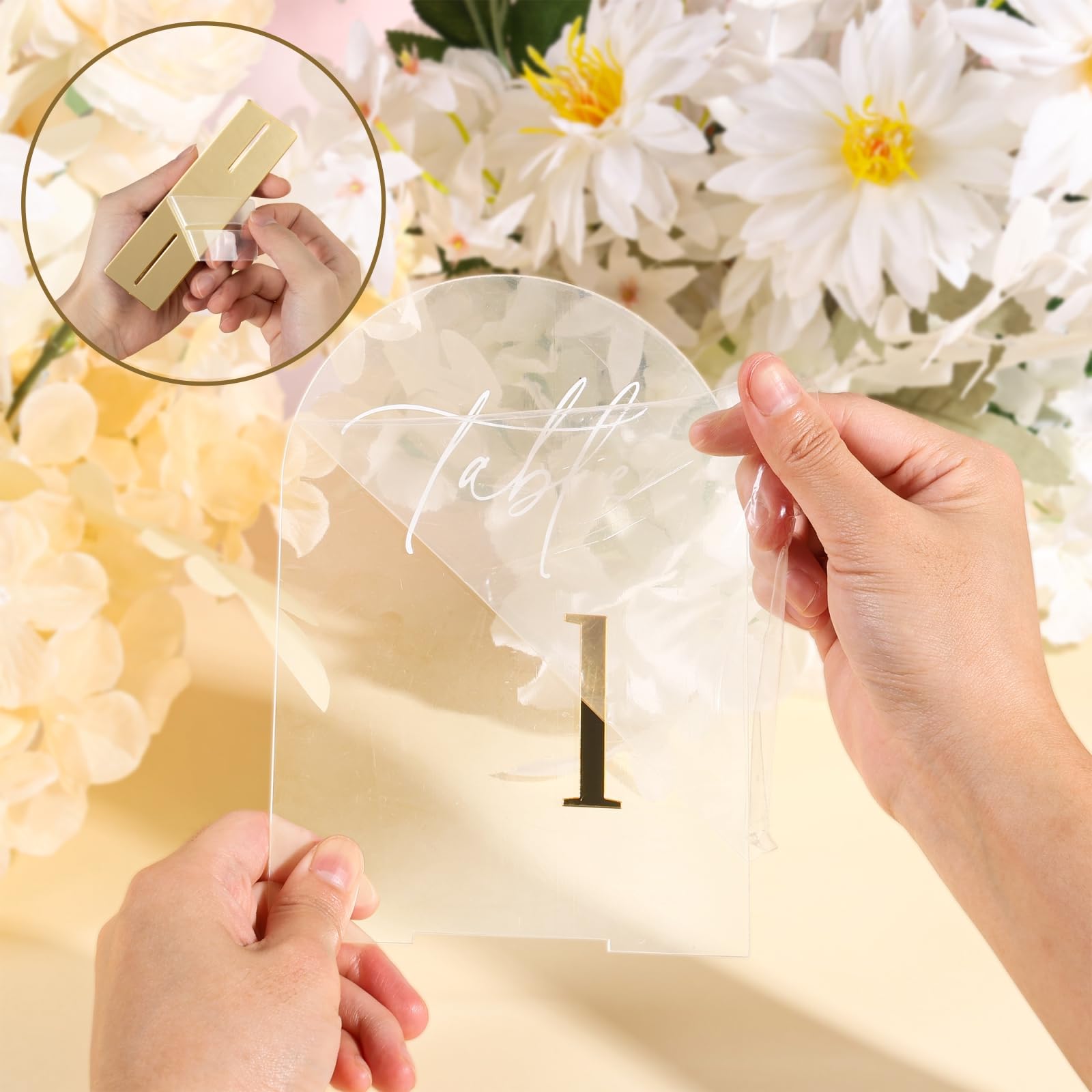 iFaveorr Arch Wedding Table Numbers 1-10 with Stands, Elegant Gold Number 5.5 x 7” Arch Acrylic Signs with Holders, Clear Acrylic Table Numbers for Wedding Reception, Anniversary, Party, Events