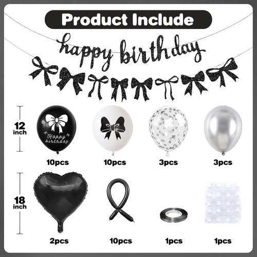 Bow Coquette Birthday Decorations - Black & Silver Party Set with Happy Birthday Banner & Heart Foil Balloons