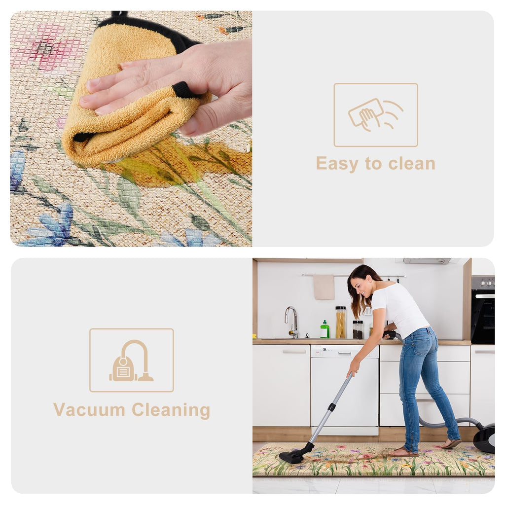 KIMODE Kitchen Anti Fatigue Mats, Farmhouse Flower Kitchen Rugs Sets of 2, Memory Foam Kitchen Mats for Floor, Waterproof Non Skid Standing Mats for Sink Laundry Office Desk Brown 20"x71"+20"x32"