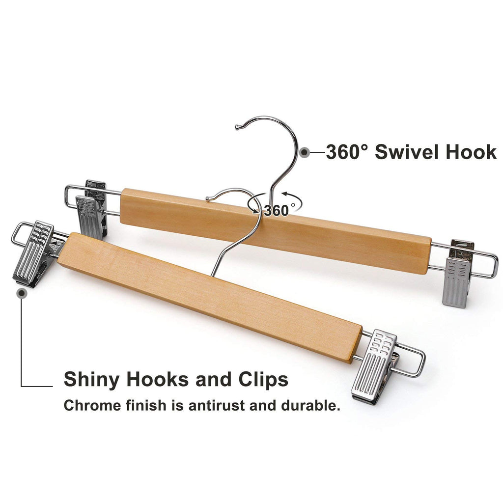 SONGMICS Wooden Pants Hangers 12 Pack, Pants Hangers with Clips, Adjustable Anti-Rust Metal Clips, 360° Swivel Hook, Skirt Hangers for Pant, Skirts, Natural Grain UCRW008-12