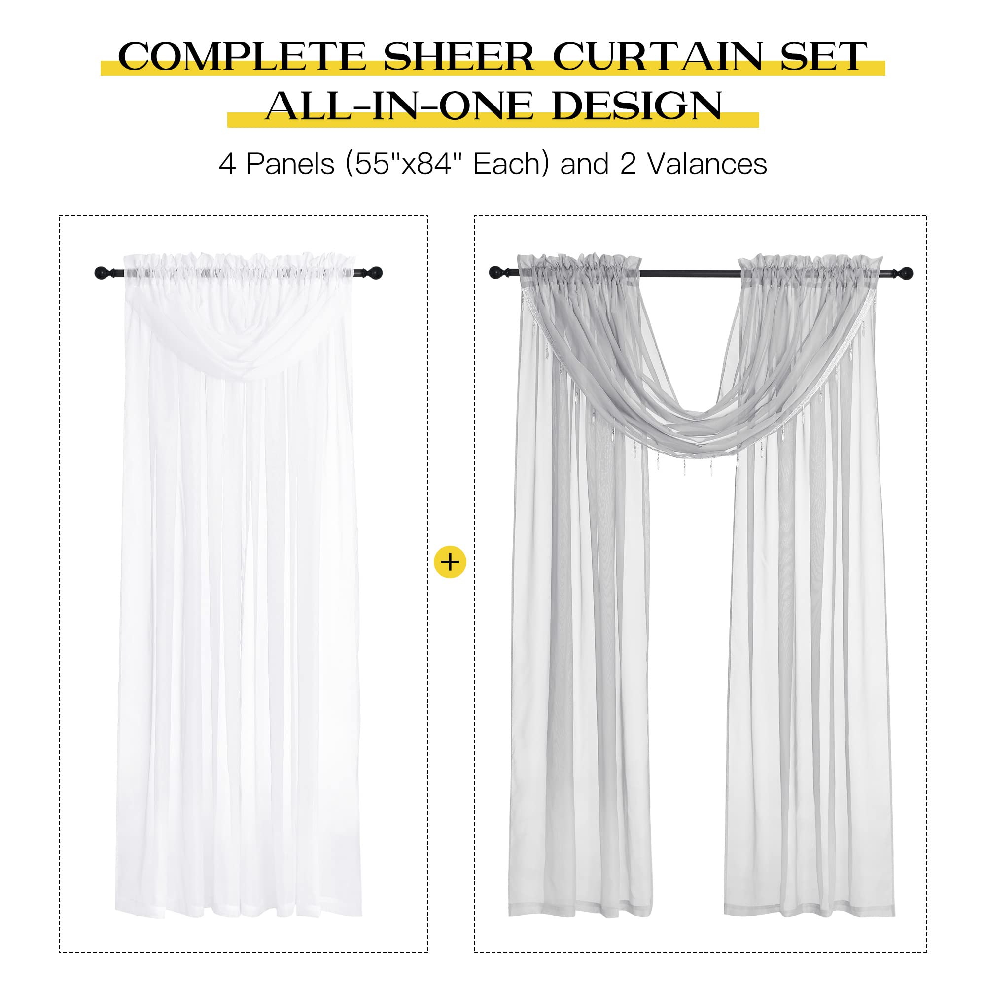 NICETOWN Sheer Curtain Elegant Voile Curtains for Living Room/Nursery, Victorian Drapes Rod Pocket, Light Grey & White