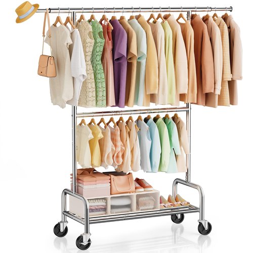 Heavy Duty Clothes Rack Load 660 LBS , Rolling Garment Rack with Lockable Wheels, Double Rod Extendable Clothing Rack with Adjustable Middle Rod & Storage Shelf for Bedroom, Laundry, Closet (Silver)