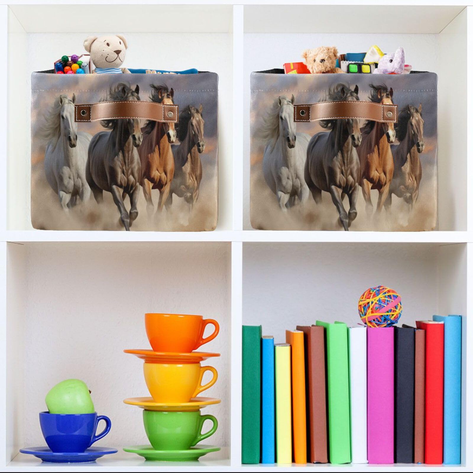 STAYTOP Large Storage Basket Collapsible Toy Storage Bins Waterproof Laundry Basket with Handle.Used for Home Closets, Offices, Bedrooms, Kids Toy and Gift Baskets-Running Horses（Rectangular）1PCS