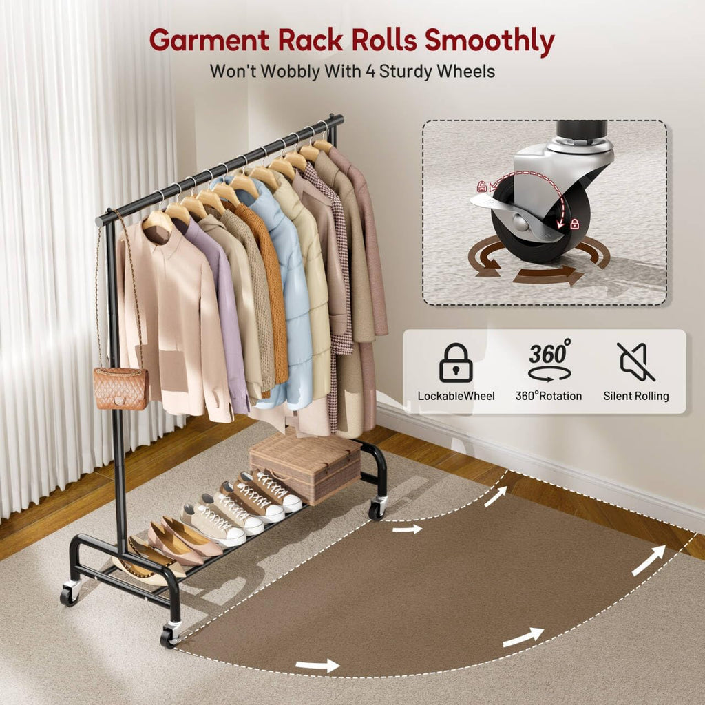 Sleeping Lamb Heavy Duty Clothing Rack - 43" Wide Rolling Garment Rack with Wheels | Black Metal Hanger for Coats & Shirts