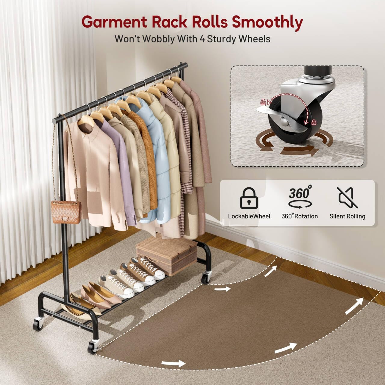 Sleeping Lamb Heavy Duty Clothing Rack - 43" Wide Rolling Garment Rack with Wheels | Black Metal Hanger for Coats & Shirts