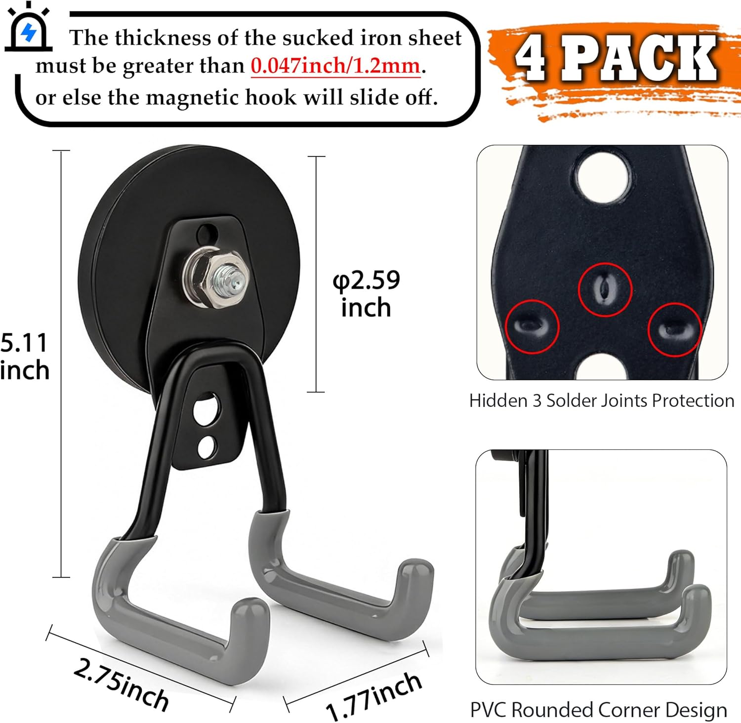 ULIBERMAGNET Heavy-Duty Magnetic Hooks - 4 Pack Strong Magnet Hooks for Tools & Garage Storage (Gray)