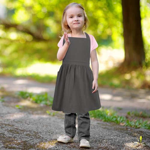 XLSXEXCL Kids Pinafore Apron, Cross Back Apron, Japanese Style Bib Aprons Home Clothes, Toddler Painting Artist Aprons with Pockets for Boys and Girls for Painting Cooking Baking Gardening (Grey)