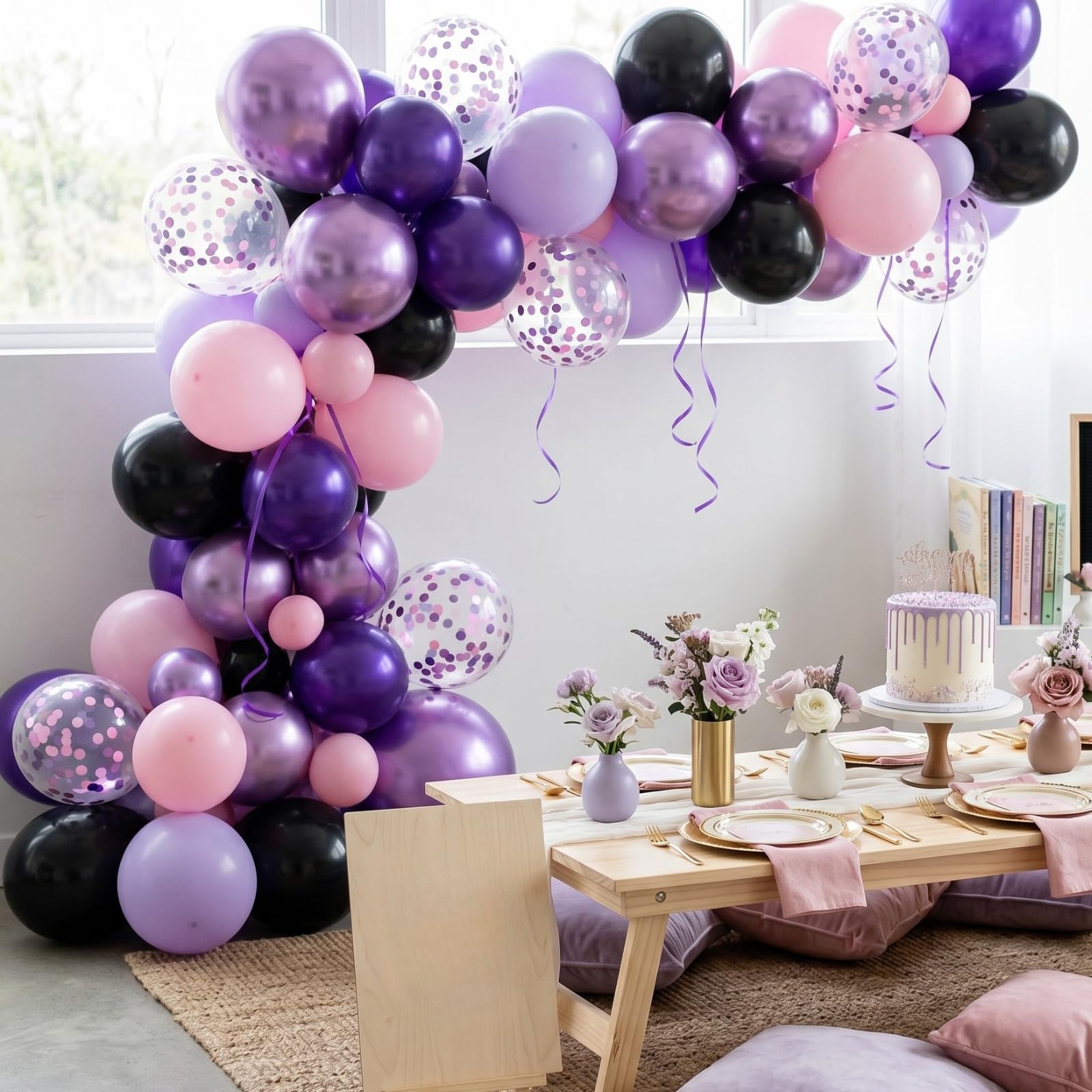 Purple Pink Black Balloons, 12 Inch Pink Black Macaron Dark Metallic Purple Confetti Balloons for Girls Women Wedding Bridal Shower Baby Shower Birthday Party Decorations