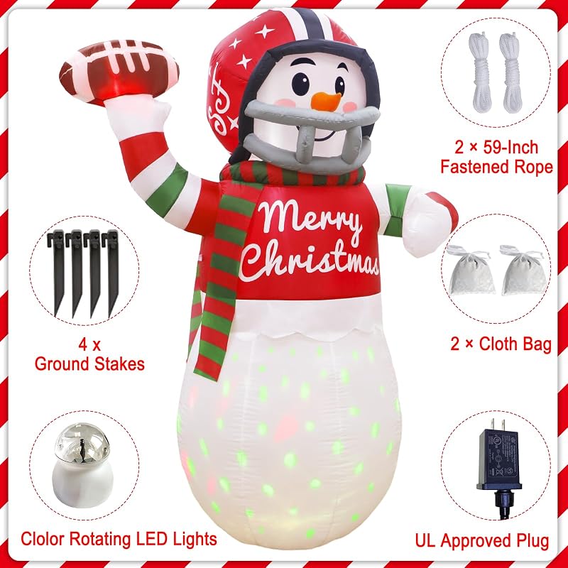 6ft Christmas Inflatable Snowman Football – OurWarm, Neon LED Yard Decor – Variation: Football Snowman