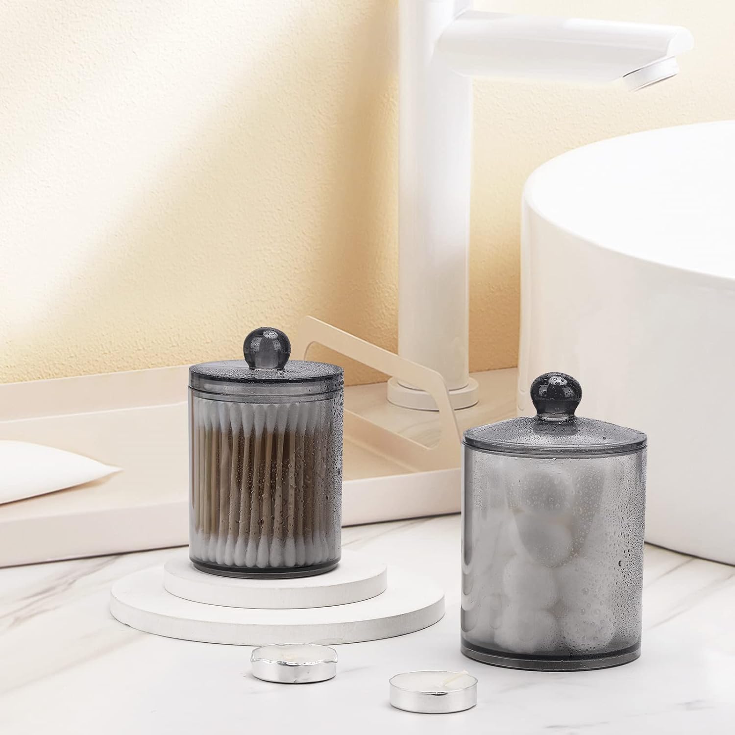 Tbestmax Qtip Holder - 10-Ounce & 12-Ounce Bathroom Organizer | Stylish Plastic Apothecary Jars with Lids - Black