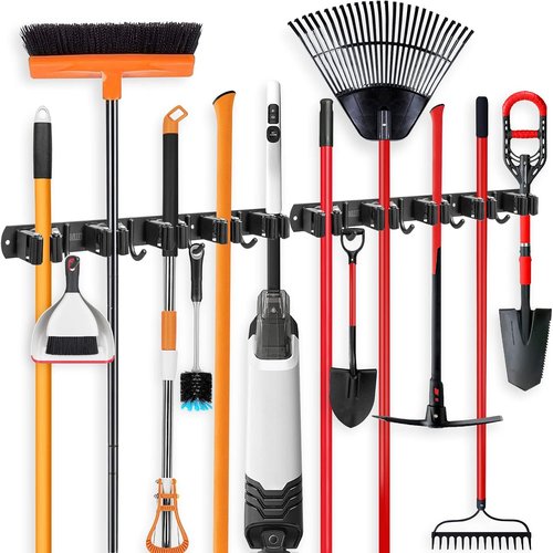 IMILLET Wall-Mounted Broom and Mop Holder - Heavy-Duty Stainless Steel Organizer with 5 Racks & 4 Hooks