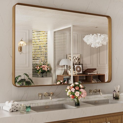 LOAAO Bathroom Mirror - 55X30 Inch Rounded Rectangle Design with Wood Grain Metal Frame | Anti-Rust, Versatile Hanging Options