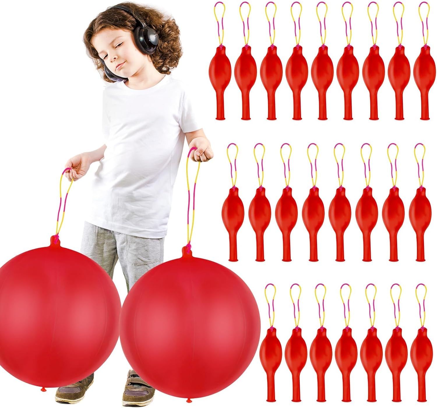 Punch Balloons by Skiennix - 24 Heavy-Duty Red Bounce Balloons with Rubber Band Handle for Kids' Birthday Parties