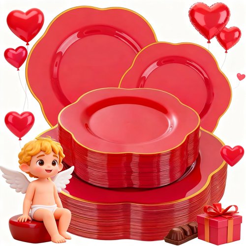 Liacere 100PCS Red Plastic Plates - 50 Guests Red and Gold Disposable plastic plates Heavy Duty - 50 Dinner (10.25") 50 Dessert (7.5") Plate - BPA-Free Food - Safe for Party & Valentine's Day