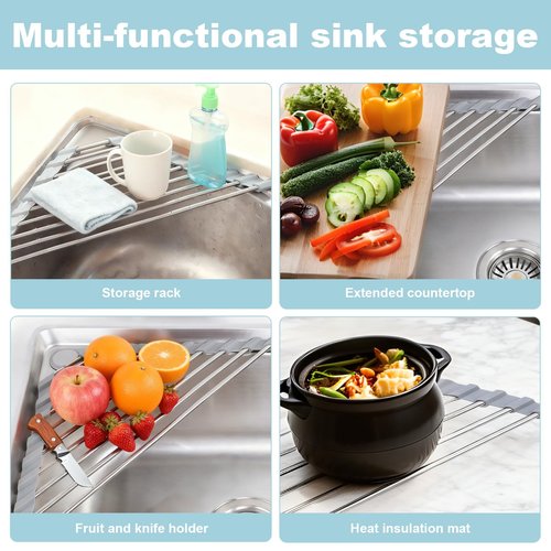 VAQULION Triangle Dish Drying Rack, Sink Caddy for Top of Sink Rack, Stainless Steel Roll-Up Over The Sink Drainer, Foldable Sponge Holder for Kitchen Sink Organizer, Non-Slip Silicone, Space-Saving