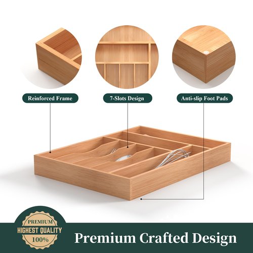 BEKVEM Bamboo Silverware Organizer, Kitchen Drawer Organizer, Utensil Holder, Cutlery Tray & Spoon Flatware Storage with Grooved Drawer Dividers (7 Slots, Natural)