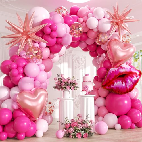 EICUECUE Valentines Day Balloons Garland Arch Kit - 127Pcs Different Size Hot Pink and Pink with Heart Foil, Lip Foil Balloon for Valentine's Day Galentine's Day Anniversary Prom Party Decorations