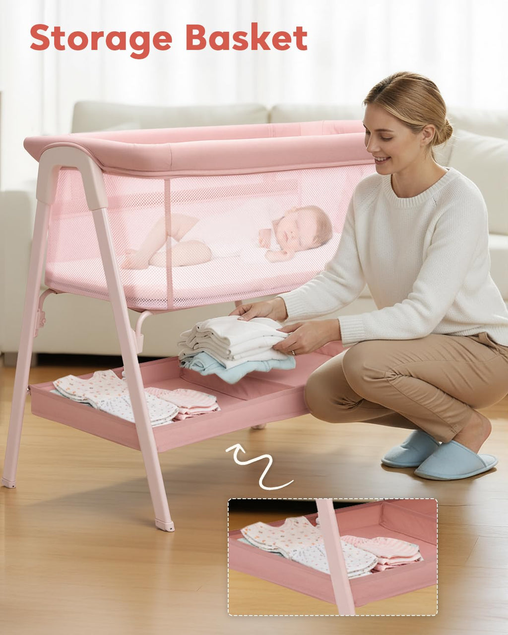 JevrJeur Baby Bassinet, Bedside Bassinet for Baby, Bassinet Bedside Sleeper with Mattress, Storage Basket and 4 Auto-Lock Wheels, Full-Mesh Sides, Bedside Mini Crib for Newborn (Pink)