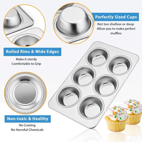 E-far Muffin Pan Set of 2 - Stainless Steel 6-Cup Baking Tray | Non-Toxic & Dishwasher Safe, Regular Size 11.44 x 7.12 x 1.25 Inch