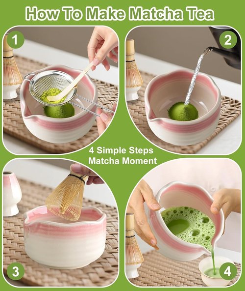 JBER Matcha Whisk Set - 7PCS Ceramic Matcha Kit with Bowl, Bamboo Whisk, Sifter & Spoon | Gradient Pink