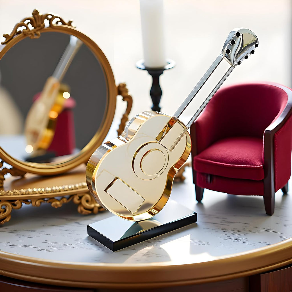 QFkris Crystal Guitar Figurine - Blown Glass Musical Sculpture & Paperweight | Champagne Color