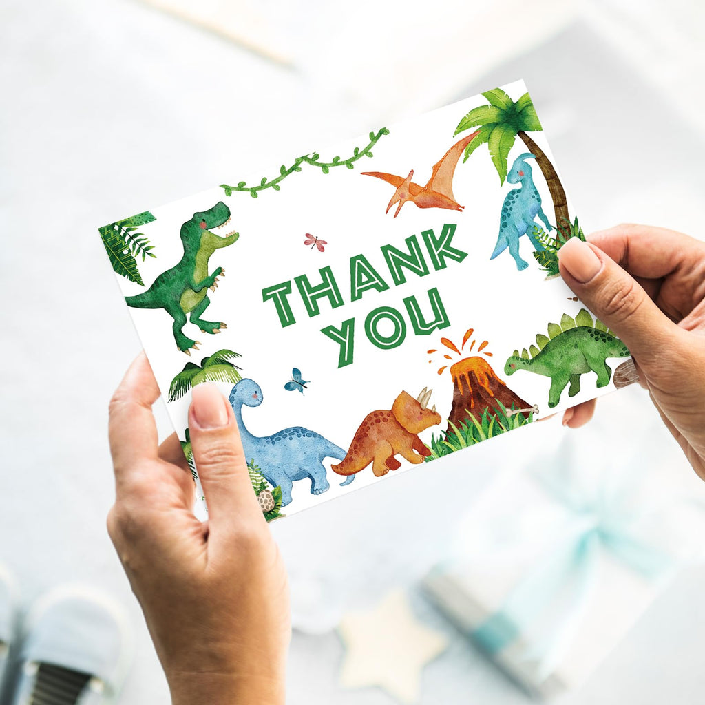 Whaline 24 Pack Dinosaur Thank You Cards Watercolor Green Jurassic Greeting Card with Envelopes Sticker Cute Animal Blank Note Card for Baby Shower Party Invitation Supplies, 4 x 6 Inch