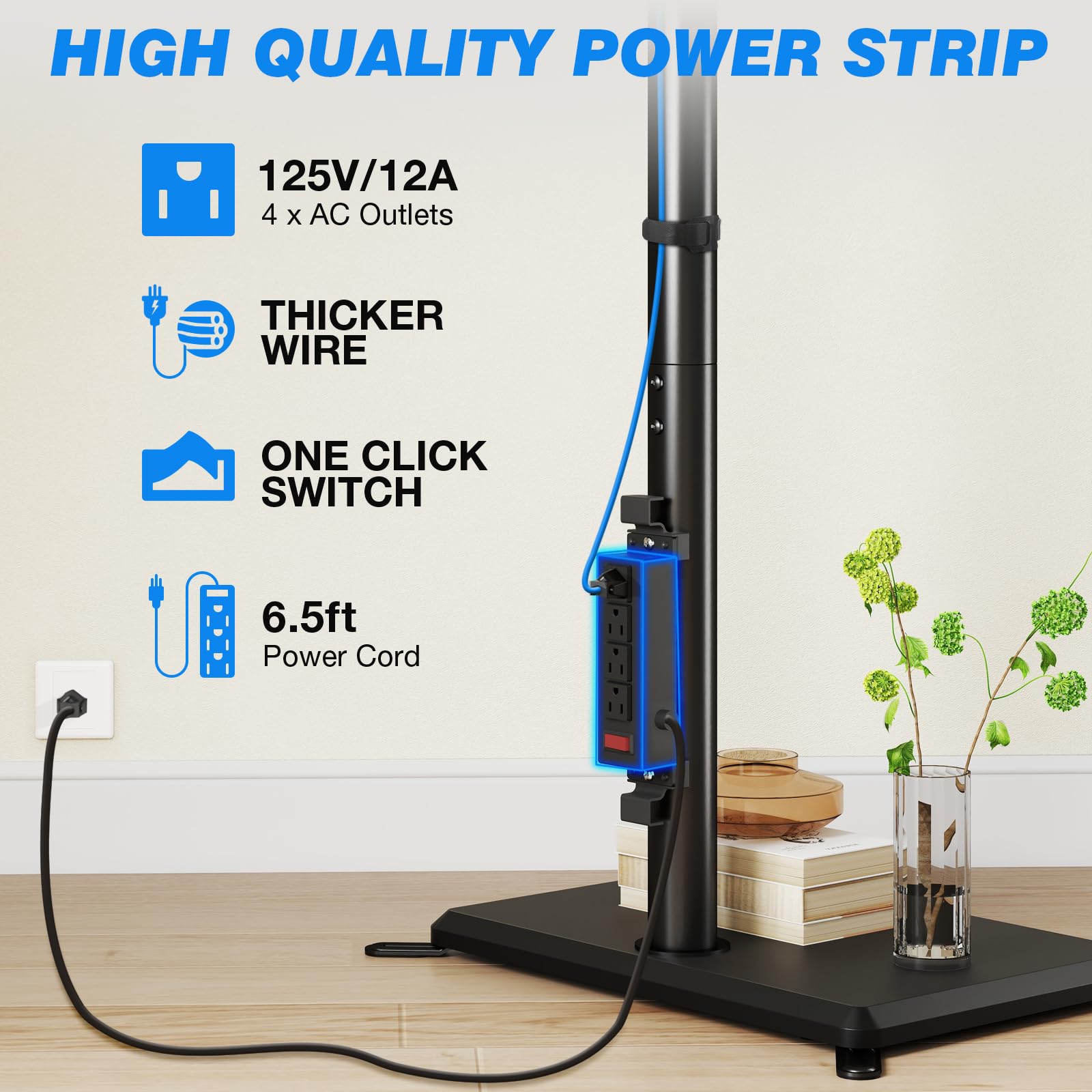 Rfiver Swivel Floor TV Stand with Power Outlet for 32-60 inch TVs, Height Adjustable Tall TV Stand with Wood Base, Hold Up to 88lbs, Saving Space Design for Bedroom, Living Room and Corner