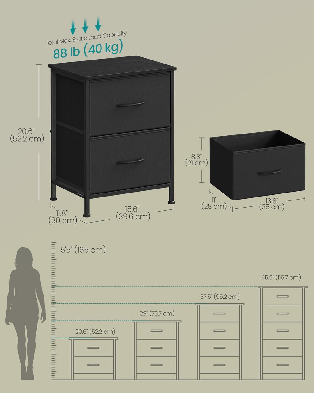 SONGMICS BELLAH Collection - Modern Dressers & Nightstands Set of 2 | 2-Drawer Storage Organizers in Ink Black & Ebony Black