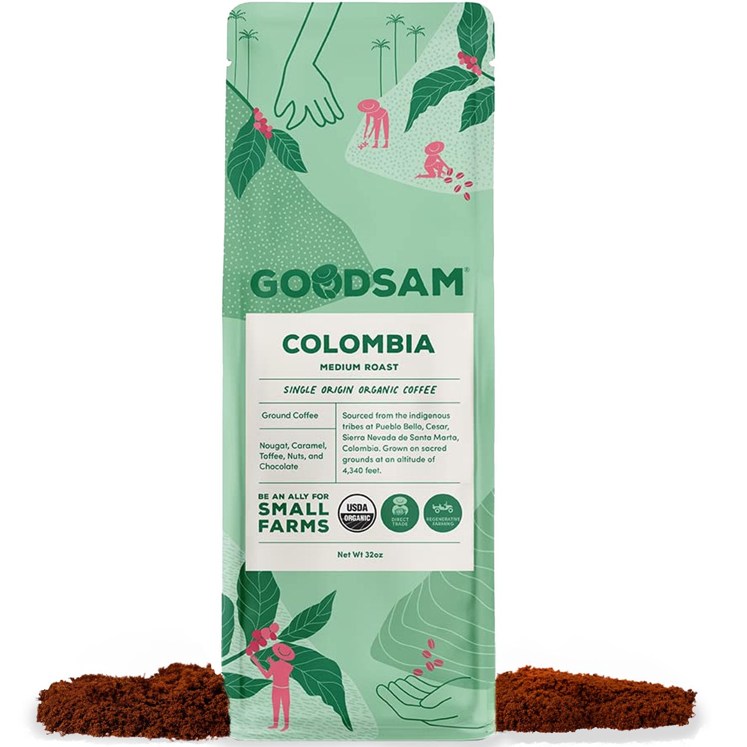GoodSAM Colombian Medium Roast Organic Ground Coffee — Smooth & Balanced Flavor — Single-Origin Arabica Coffee — 32 oz Bulk Bag