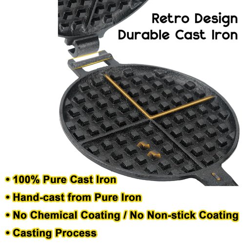 Cast Iron Waffle Maker for Stovetop or Camping Grill Two Piece Hinged Non Electric Waffle Iron Makes 7" Round Waffles